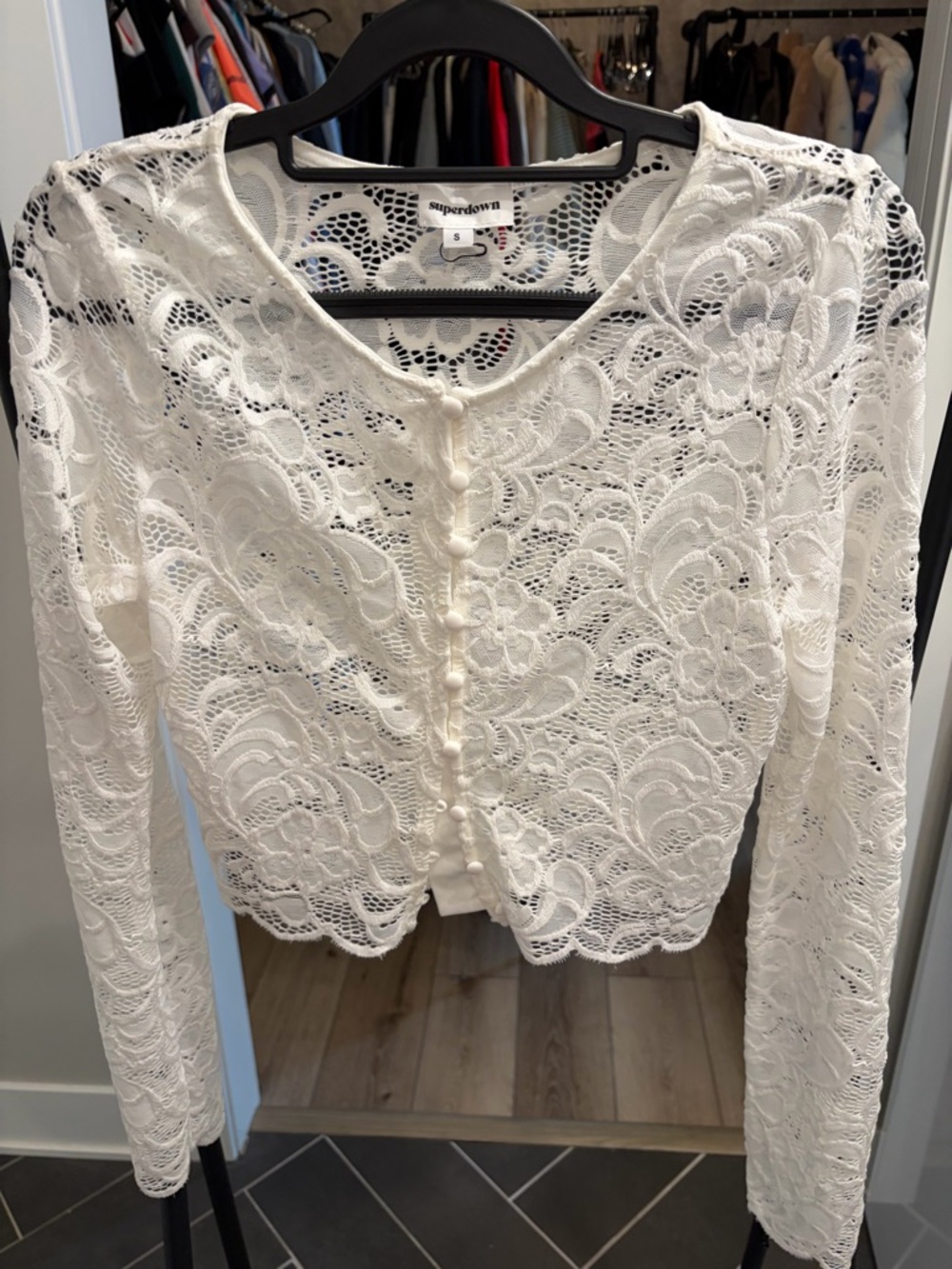 Superdown Ivory Lace Button-Up Long Sleeve Top